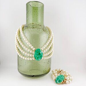 Vintage 4-Strand Faux Pearl Choker & Bracelet Set Jade Green Floral Focal